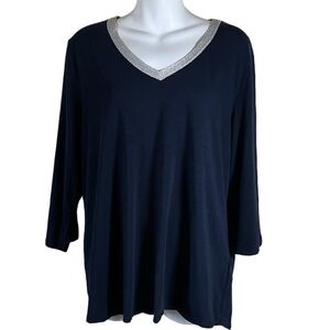 Tribal navy and silver t-shirt v-neck 3/4 sleeve top size XL